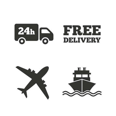 Cargo truck and shipping icons. Shipping and free delivery signs. Transport symbols. 24h service. Flat icons on white. Vectorのイラスト素材