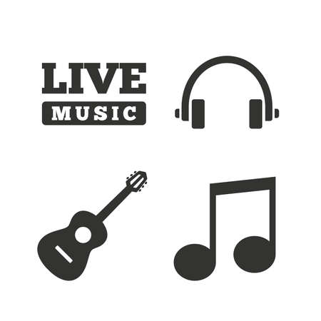 Musical elements icons. Musical note key and Live music symbols. Headphones and acoustic guitar signs. Flat icons on white. Vectorのイラスト素材