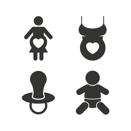 Maternity icons. Baby infant, pregnancy and dummy signs. Child pacifier symbols. Shirt with heart. Flat icons on white. Vectorのイラスト素材