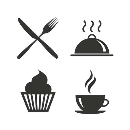 Food and drink icons. Muffin cupcake symbol. Fork and knife sign. Hot coffee cup. Food platter serving. Flat icons on white. Vectorのイラスト素材