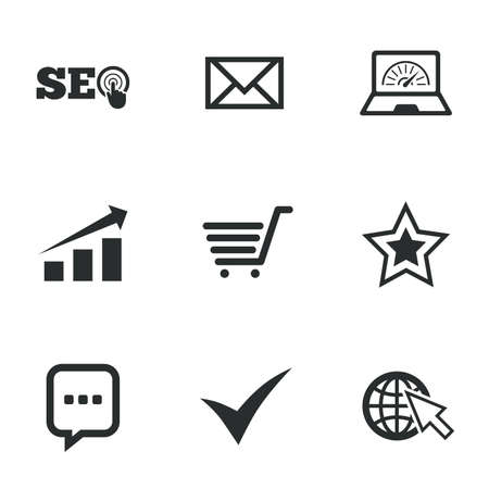 Internet, seo icons. Tick, online shopping and chart signs. Bandwidth, mobile device and chat symbols. Flat icons on white. Vectorのイラスト素材