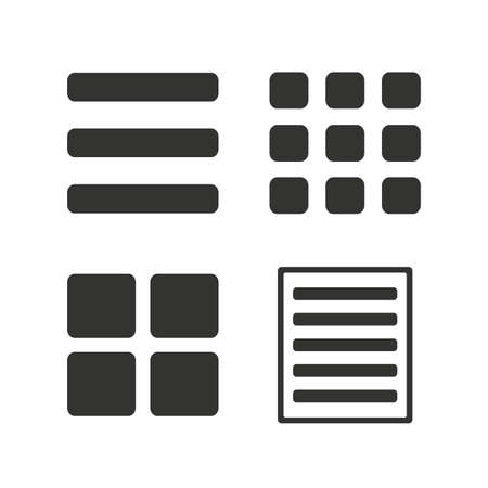 List menu icons. Content view options symbols. Thumbnails grid or Gallery view. Flat icons on white. Vectorのイラスト素材