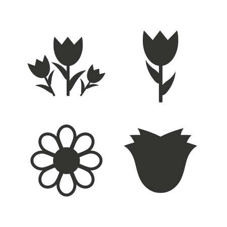 Flowers icons. Bouquet of roses symbol. Flower with petals and leaves. Flat icons on white. Vectorのイラスト素材