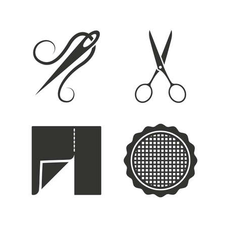 Textile cloth piece icon. Scissors hairdresser symbol. Needle with thread. Tailor symbol. Canvas for embroidery. Flat icons on white. Vectorのイラスト素材