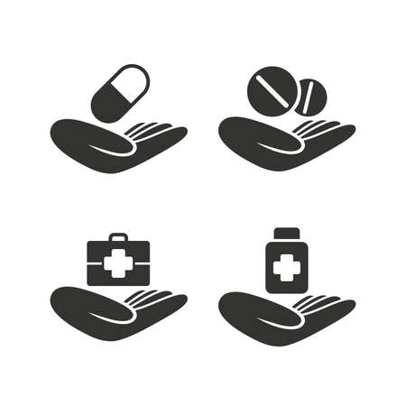 Helping hands icons. Medical health insurance symbols. Drugs pills bottle signs. Medicine tablets. Flat icons on white. Vectorのイラスト素材