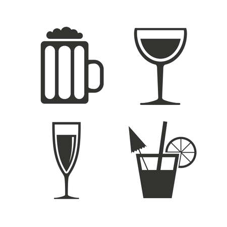 Alcoholic drinks icons. Champagne sparkling wine and beer symbols. Wine glass and cocktail signs. Flat icons on white. Vectorのイラスト素材