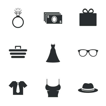 Accessories, clothes icons. Shirt with tie, glasses signs. Dress and engagement ring symbols. Flat icons on white. Vectorのイラスト素材