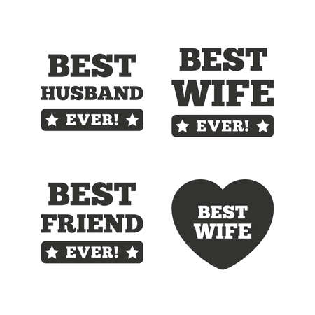 Best wife, husband and friend icons. Heart love signs. Award symbol. Flat icons on white. Vectorのイラスト素材