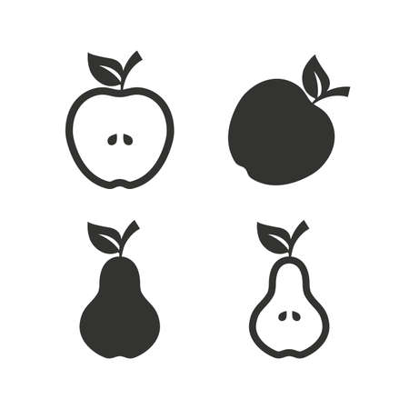 Fruits with leaf icons. Apple and Pear with seeds signs. Natural food symbol. Flat icons on white. Vectorのイラスト素材
