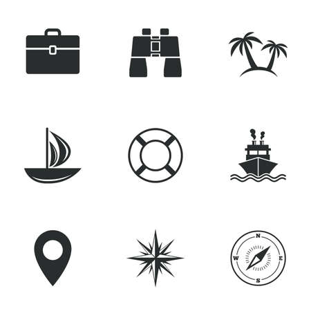 Cruise trip, ship and yacht icons. Travel, cocktails and palm trees signs. Sunglasses, windrose and swimming symbols. Flat icons on white. Vectorのイラスト素材