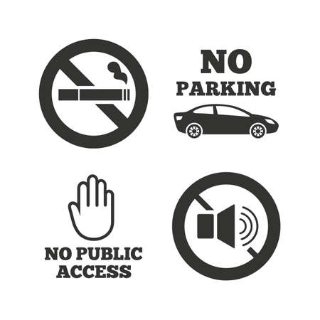 Stop smoking and no sound signs. Private territory parking or public access. Cigarette and hand symbol. Flat icons on white. Vectorのイラスト素材