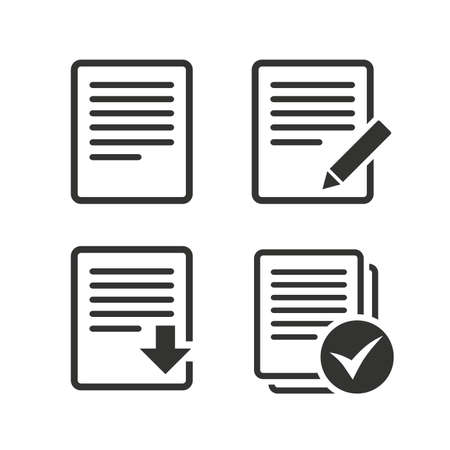 File document icons. Download file symbol. Edit content with pencil sign. Select file with checkbox. Flat icons on white. Vectorのイラスト素材