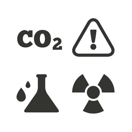 Attention and radiation icons. Chemistry flask sign. CO2 carbon dioxide symbol. Flat icons on white. Vectorのイラスト素材