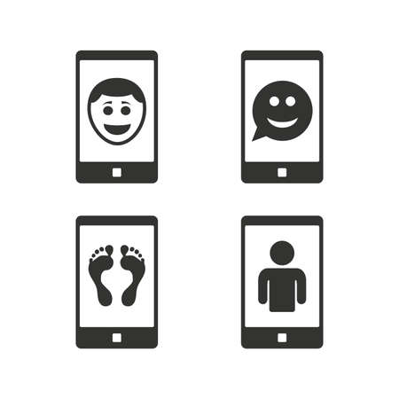 Selfie smile face icon. Smartphone video call symbol. Self feet or legs photo. Flat icons on white. Vectorのイラスト素材
