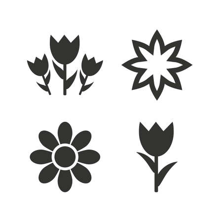Flowers icons. Bouquet of roses symbol. Flower with petals and leaves. Flat icons on white. Vectorのイラスト素材