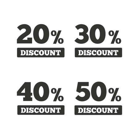 Sale discount icons. Special offer price signs. 20, 30, 40 and 50 percent off reduction symbols. Flat icons on white. Vectorのイラスト素材