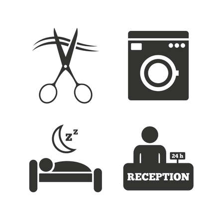 Hotel services icons. Washing machine or laundry sign. Hairdresser or barbershop symbol. Reception registration table. Quiet sleep. Flat icons on white. Vectorのイラスト素材