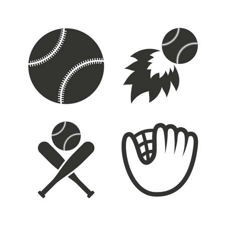 Baseball sport icons. Ball with glove and two crosswise bats signs. Fireball symbol. Flat icons on white. Vectorのイラスト素材