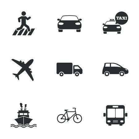 Transport icons. Car, bike, bus and taxi signs. Shipping delivery, pedestrian crossing symbols. Flat icons on white. Vector