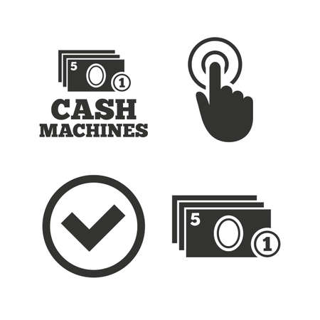 ATM cash machine withdrawal icons. Click here, check PIN number, processing and cash withdrawal symbols. Flat icons on white. Vectorのイラスト素材