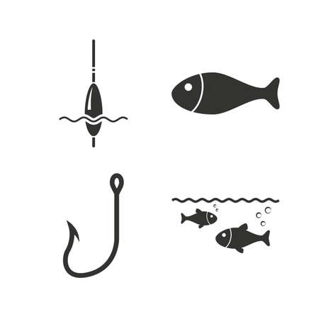 Fishing icons. Fish with fishermen hook sign. Float bobber symbol. Flat icons on white. Vectorのイラスト素材