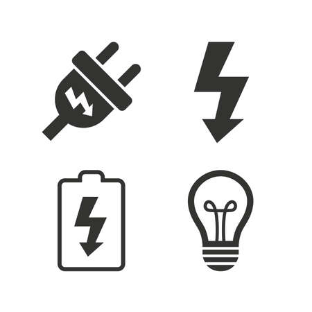 Electric plug icon. Lamp bulb and battery symbols. Low electricity and idea signs. Flat icons on white. Vectorのイラスト素材