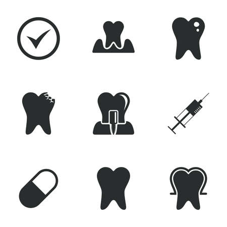 Tooth, dental care icons. Stomatology, syringe and implant signs. Healthy teeth, caries and pills symbols. Flat icons on white. Vectorのイラスト素材
