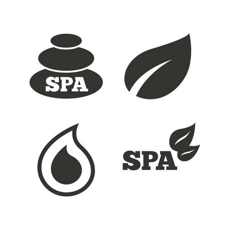 Spa stones icons. Water drop with leaf symbols. Natural tear sign. Flat icons on white. Vectorのイラスト素材