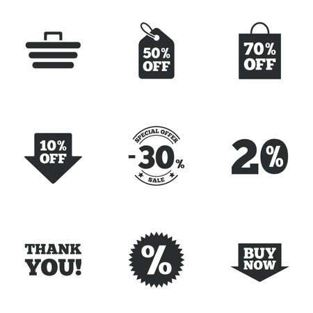 Sale discounts icon. Shopping cart, coupon and buy now signs. 20, 30 and 50 percent off. Special offer symbols. Flat icons on white. Vectorのイラスト素材
