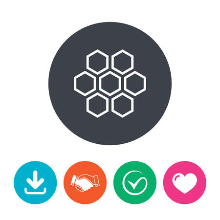 Honeycomb sign icon. Honey cells symbol. Sweet natural food. Download arrow, handshake, tick and heart. Flat circle buttons.のイラスト素材