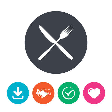 Eat sign icon. Cutlery symbol. Fork and knife crosswise. Download arrow, handshake, tick and heart. Flat circle buttons.のイラスト素材