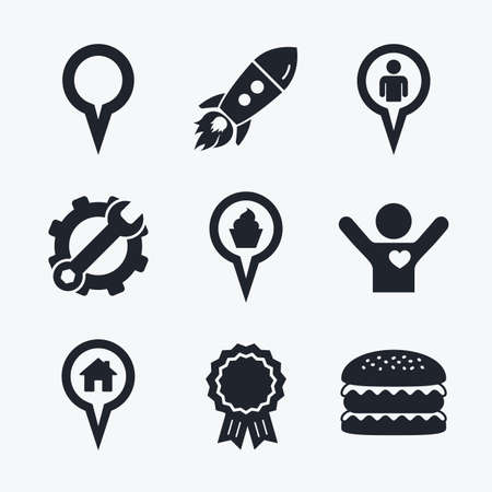 Award achievement, spanner and cog, startup rocket and burger. Map circle pointer icons. Home, food and user location symbols. Restaurant and cupcake signs. You are here. Flat icons.のイラスト素材