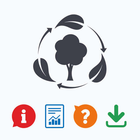 Fresh air sign icon. Forest tree with leaves symbol. Information think bubble, question mark, download and report.のイラスト素材