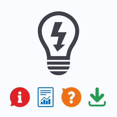 Light lamp sign icon. Bulb with lightning symbol. Idea symbol. Information think bubble, question mark, download and report.のイラスト素材