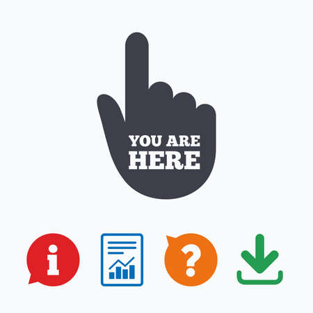 You are here sign icon. Info symbol with hand. Map pointer with your location. Information think bubble, question mark, download and report.のイラスト素材