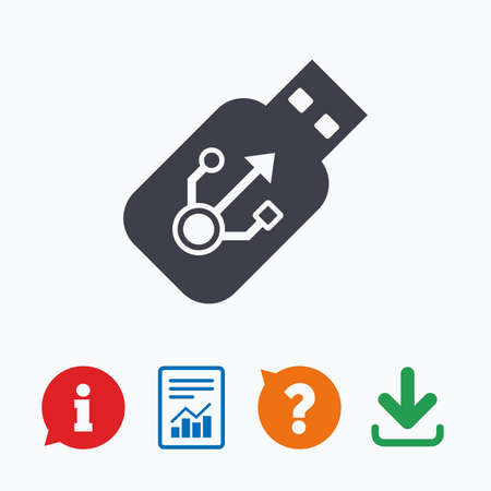 Usb sign icon. Usb flash drive stick symbol. Information think bubble, question mark, download and...