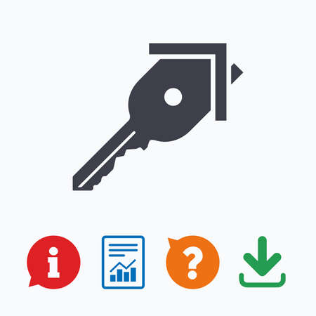 Key from the house sign icon. Unlock tool symbol. Information think bubble, question mark, download and report.のイラスト素材