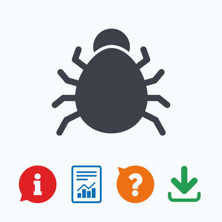 Bug sign icon. Virus symbol. Software bug error. Disinfection. Information think bubble, question mark, download and report.のイラスト素材