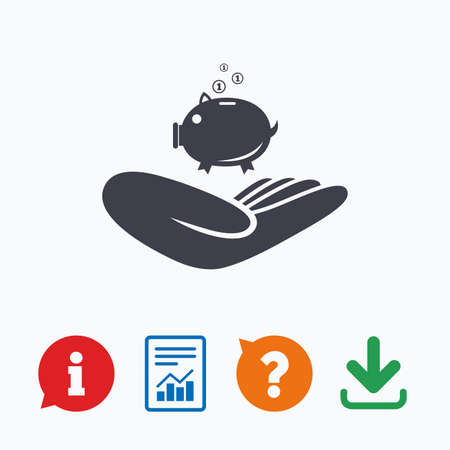 Donation hand sign icon. Hand holds Piggy bank. Charity or endowment symbol. Human helping hand palm. Information think bubble, question mark, download and report.のイラスト素材