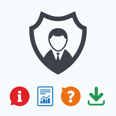 Security agency sign icon. Shield protection symbol. Information think bubble, question mark, download and report.のイラスト素材