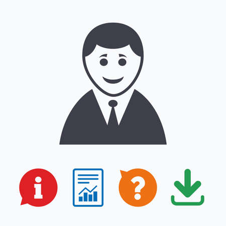 User sign icon. Person symbol. Human in suit avatar. Information think bubble, question mark, download and report.のイラスト素材