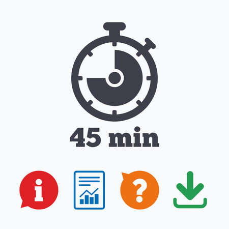 Timer sign icon. 45 minutes stopwatch symbol. Information think bubble, question mark, download and report.のイラスト素材
