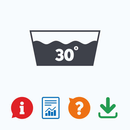 Wash icon. Machine washable at 30 degrees symbol. Information think bubble, question mark, download and report.のイラスト素材