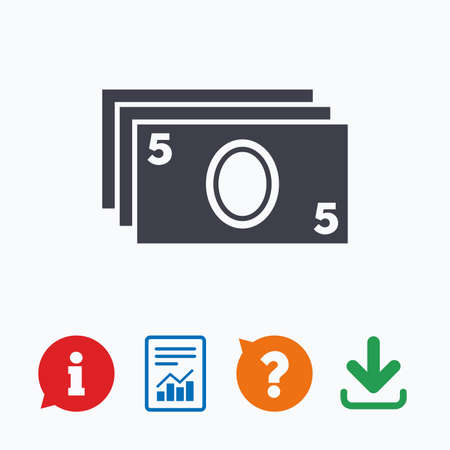 Cash sign icon. Paper money symbol. For cash machines or ATM. Information think bubble, question mark, download and report.のイラスト素材