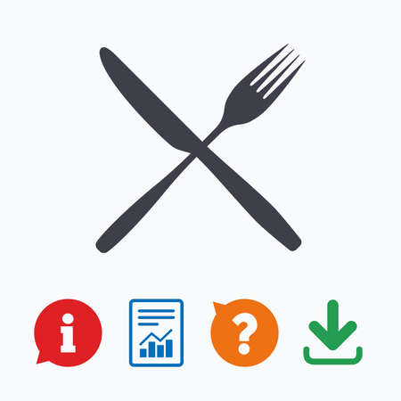 Eat sign icon. Cutlery symbol. Fork and knife crosswise. Information think bubble, question mark, download and report.のイラスト素材