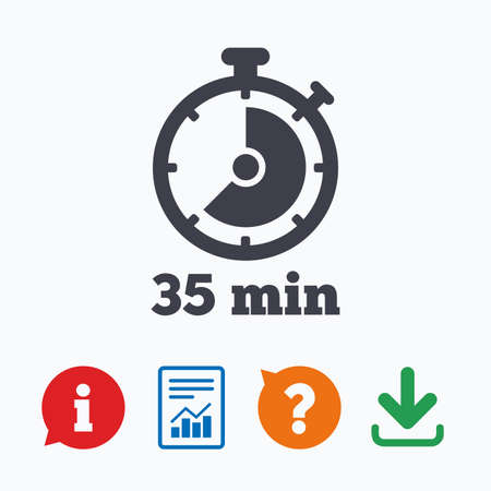 Timer sign icon. 35 minutes stopwatch symbol. Information think bubble, question mark, download and...