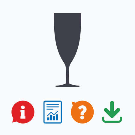 Glass of champagne sign icon. Sparkling wine. Celebration or banquet alcohol drink symbol. Information think bubble, question mark, download and report.のイラスト素材