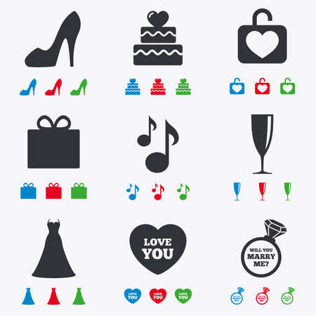 Wedding, engagement icons. Cake with heart, gift box and brilliant signs. Dress, shoes and musical notes symbols. Flat black, red, blue and green icons.のイラスト素材