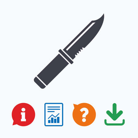 Knife sign icon. Edged weapons symbol. Stab or cut. Hunting equipment. Information think bubble, question mark, download and report.のイラスト素材