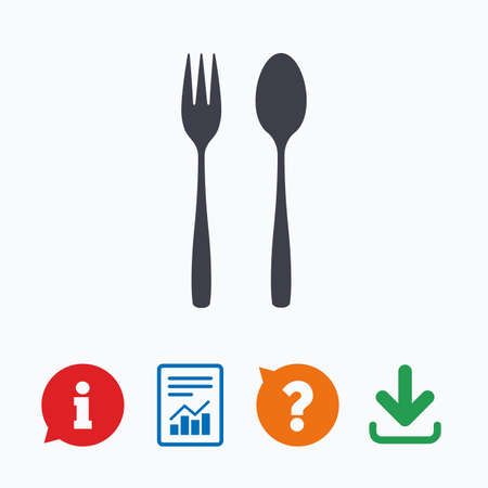 Eat sign icon. Cutlery symbol. Dessert fork and teaspoon. Information think bubble, question mark, download and report.のイラスト素材